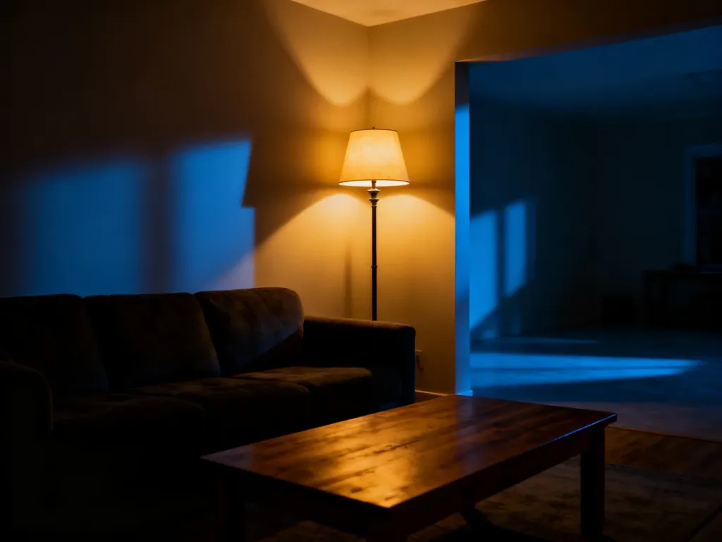 Przytulny salon o zmierzchu, w którym pojedyncza lampa podłogowa tworzy głębokie cienie i niedoświetlone zakamarki.