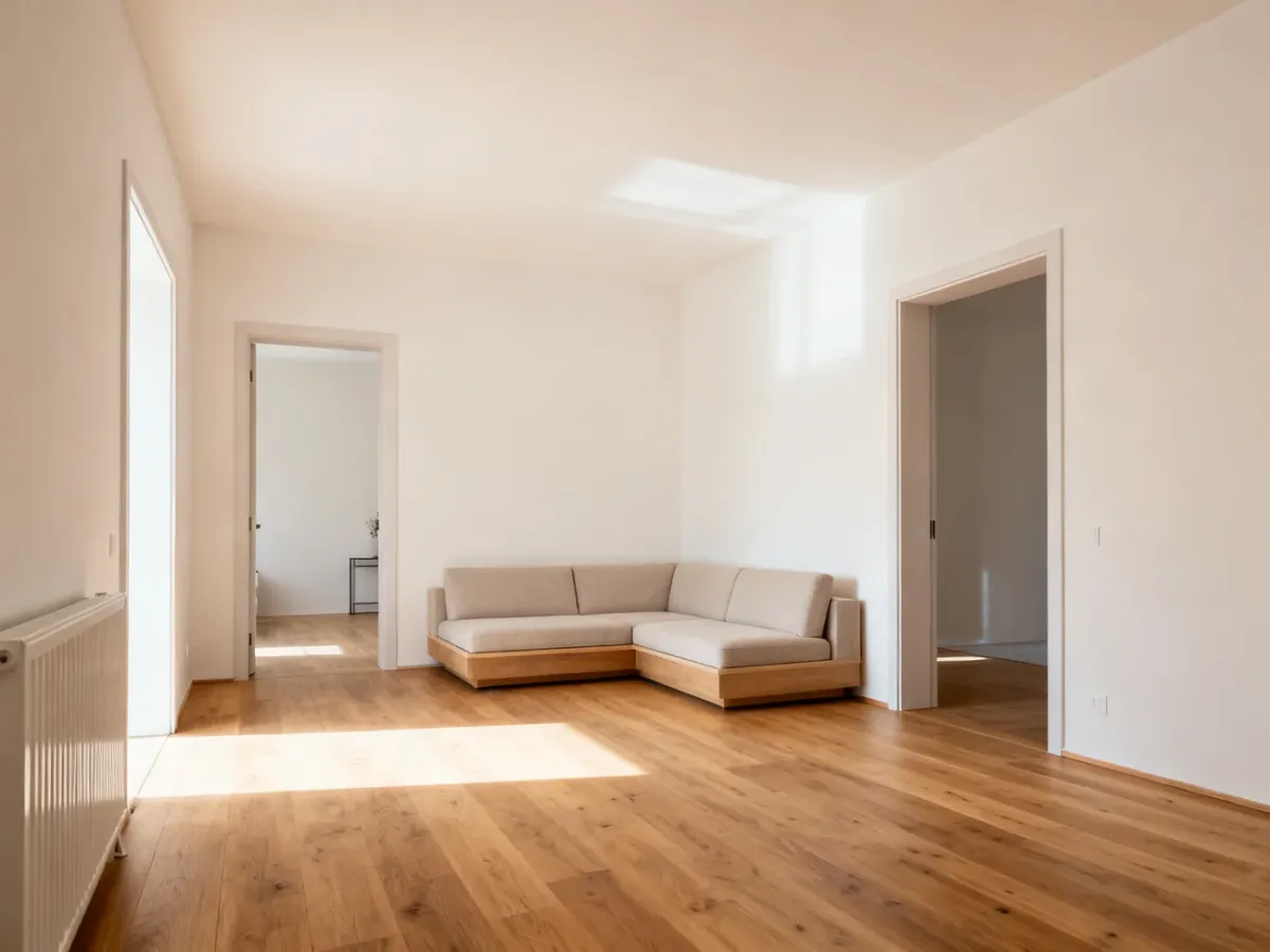 Niska sofa wydzielająca strefę wypoczynkową w pokoju z trzema drzwiami