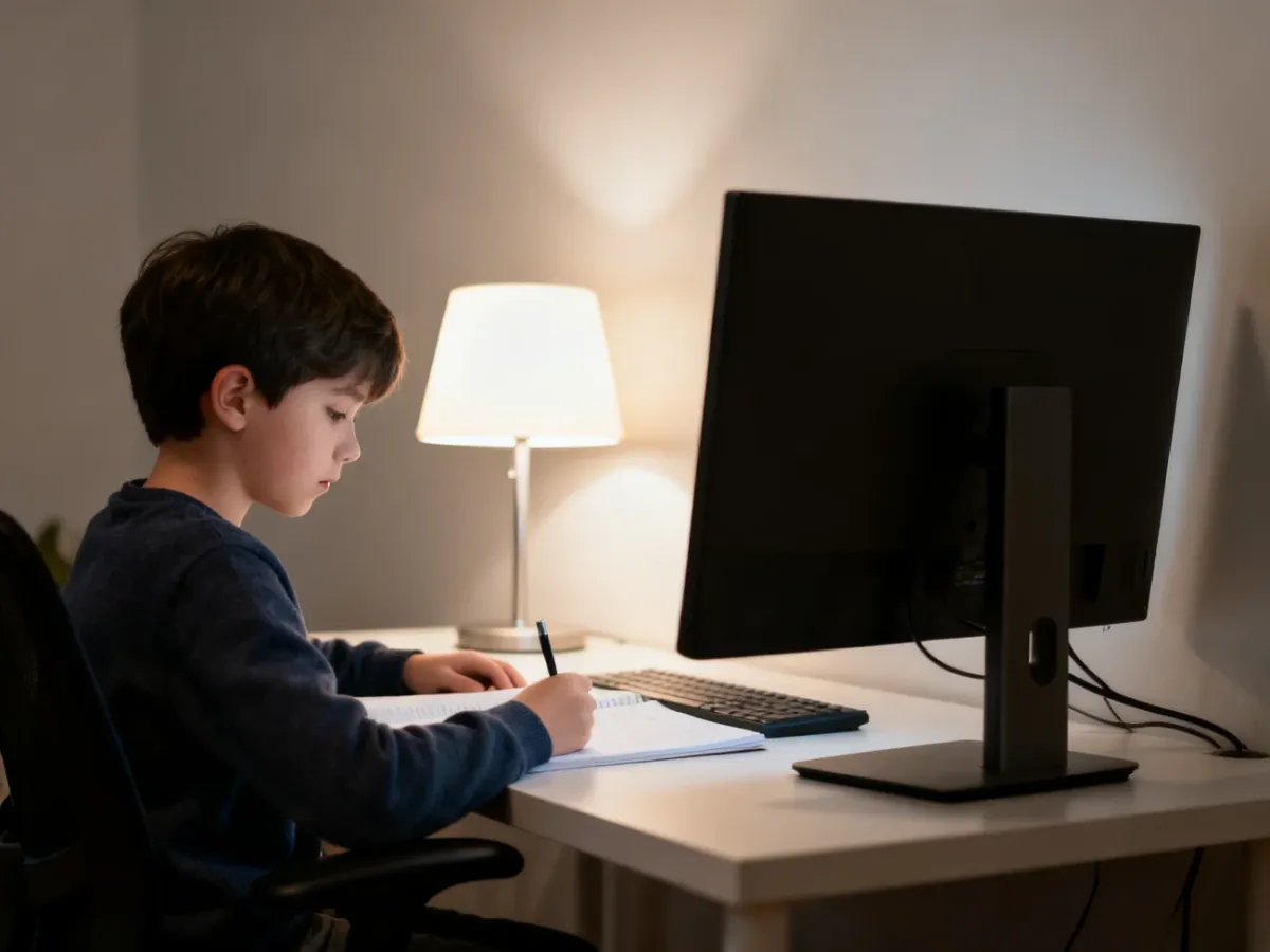 Dziecko pracujące przy monitorze w równomiernie oświetlonym pokoju