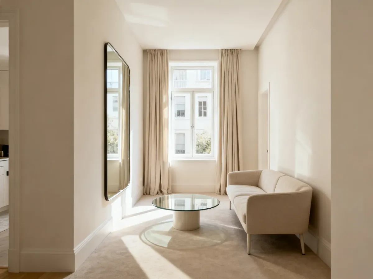Jasny wąski salon z lustrem, lekką sofą i okrągłym stolikiem