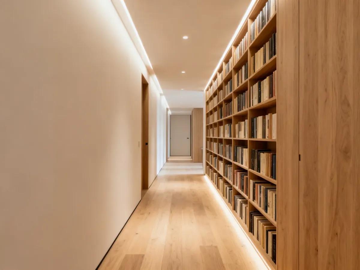 Wąska biblioteczka z książkami wzdłuż ściany przestronnego korytarza