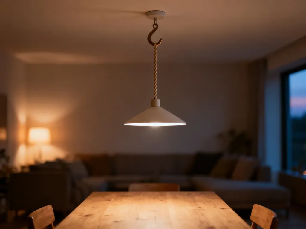 Nowoczesna lampa wisząca przesunięta za pomocą dekoracyjnego haka nad minimalistyczny stół w jadalni.