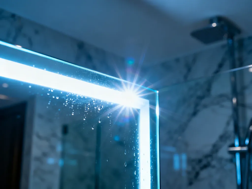 Oślepiające światło nowoczesnego lustra łazienkowego z widocznymi refleksami, utrudniające korzystanie z oświetlenia.