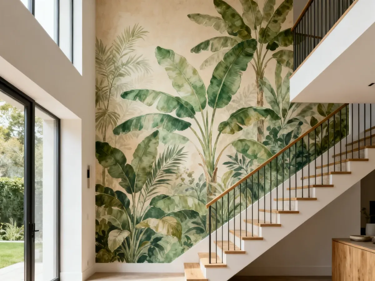 Roślinny mural na ścianie nad schodami