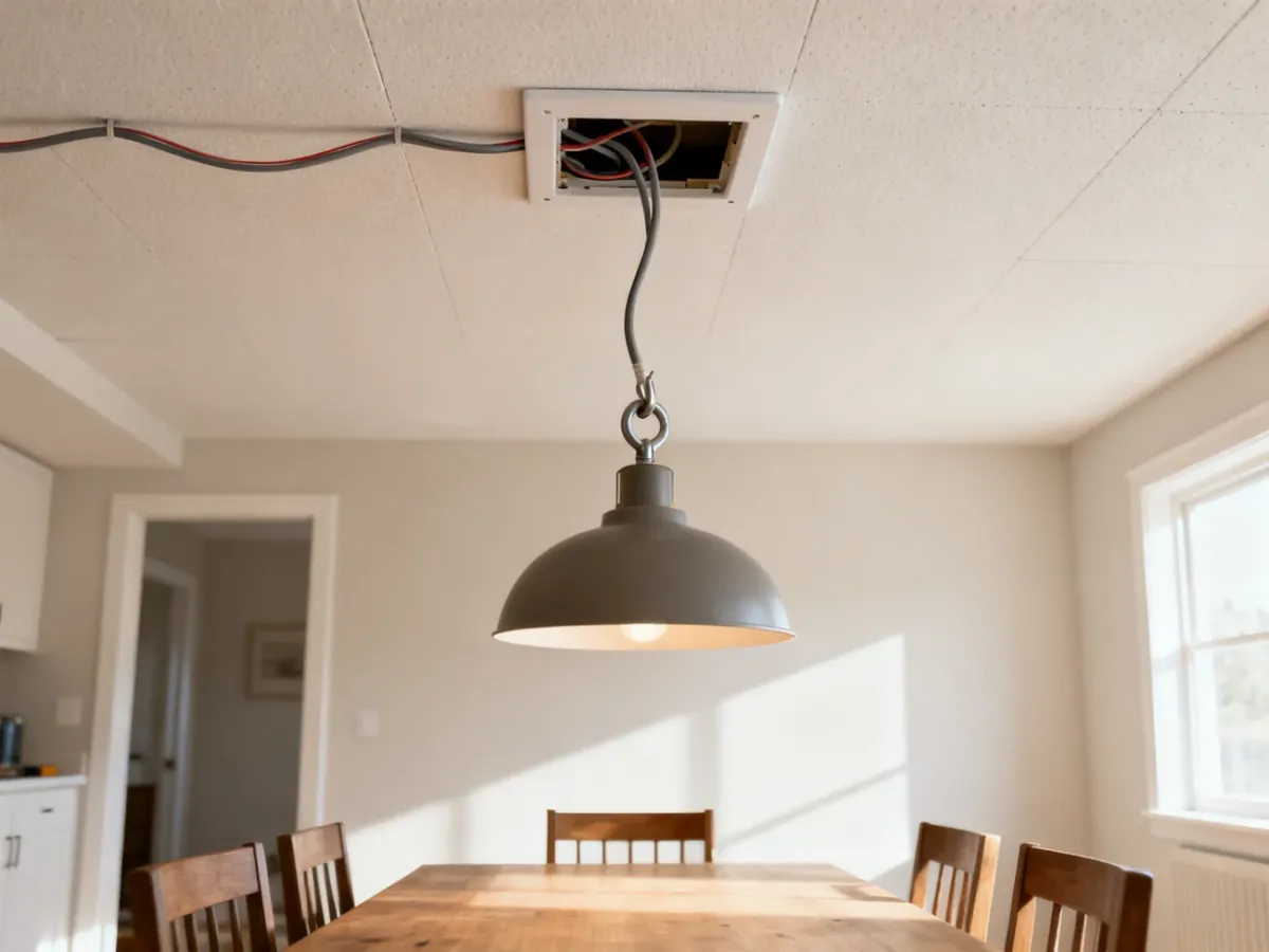 Lampa podwieszona na haku sufitowym nad stołem