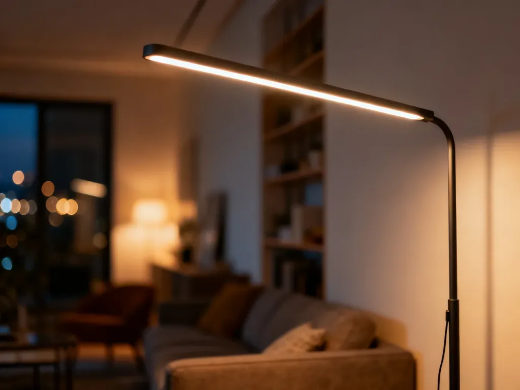 Nowoczesny salon oświetlony stylową lampą podłogową i listwami LED, tworzącymi przytulny nastrój bez użycia lamp sufitowych.