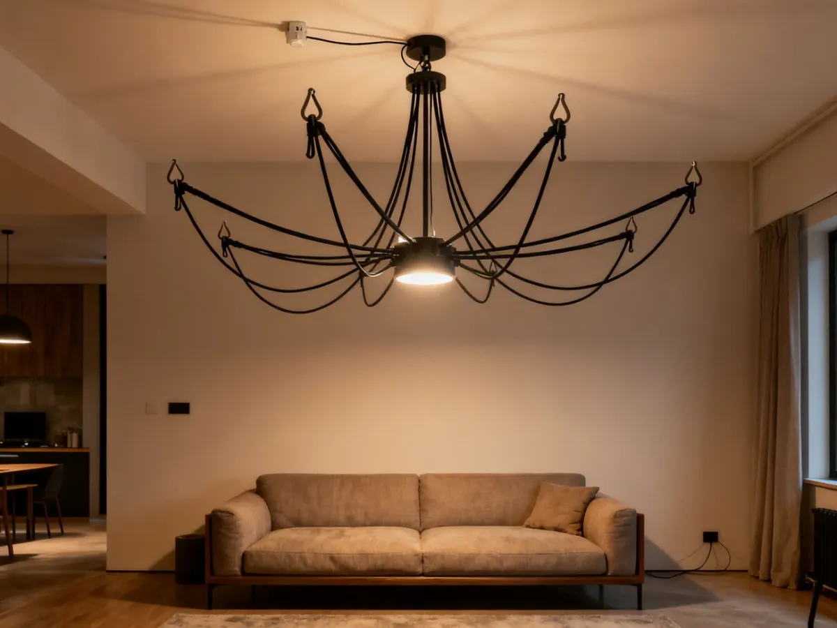 Lampa typu pająk z kilkoma przewodami rozchodzącymi się po suficie w salonie