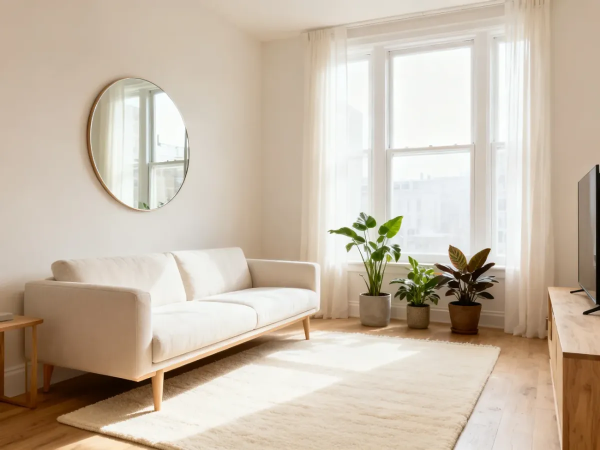 Lekka aranżacja północnego pokoju z jasnymi meblami, lustrem i roślinami