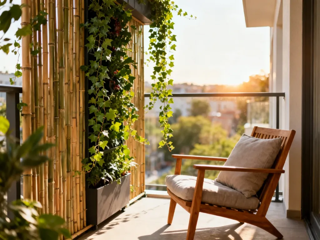 Nowoczesny balkon z bambusową osłoną i wiszącymi roślinami, zapewniający prywatność i przytulną atmosferę.