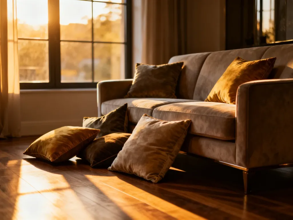 Elegancka sofa z artystycznie rozrzuconymi dekoracyjnymi poduszkami w przytulnym, nowoczesnym salonie skąpanym w słońcu.