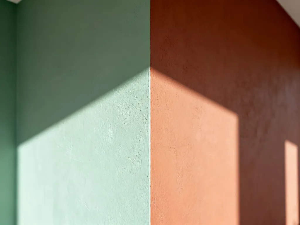 Minimalistyczne wnętrze z wyraźnym podziałem ściany na szałwiową zieleń i ciepły odcień terakoty.