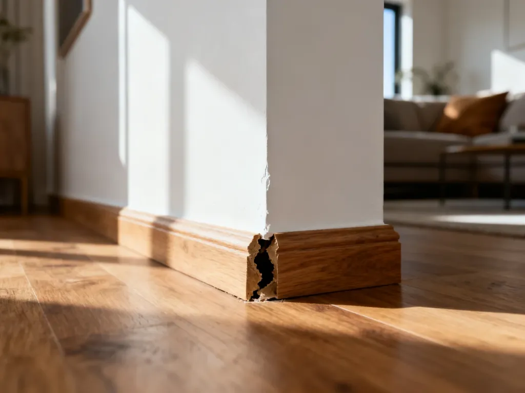 Szczelina między drewnianą listwą przypodłogową a białą ścianą w nowoczesnym salonie.