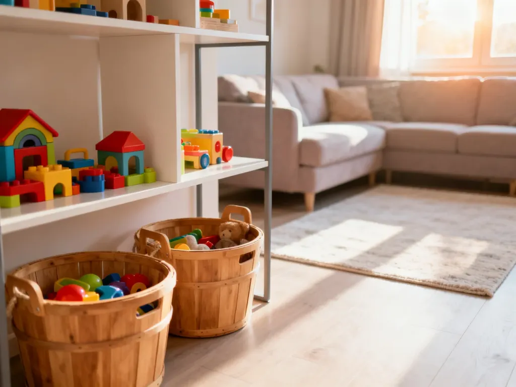 Przytulny salon z uporządkowanymi zabawkami w stylowych koszach i na minimalistycznych półkach.