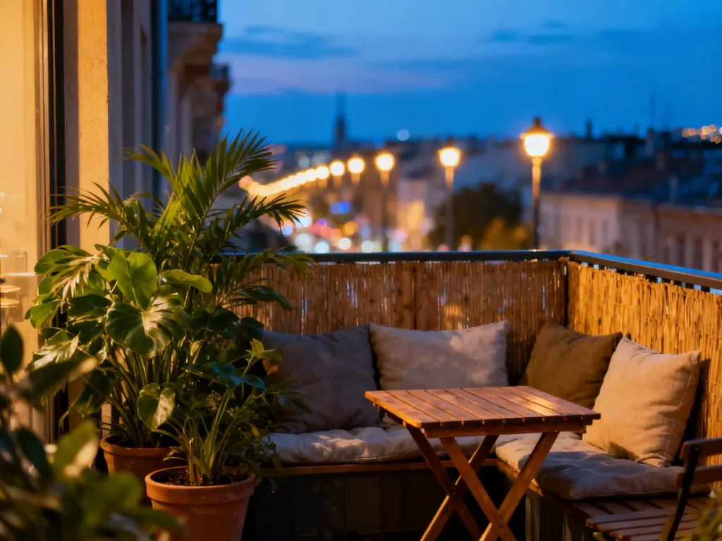 Przytulny balkon z roślinami i drewnianym stolikiem, tworzący zaciszną strefę relaksu przy ruchliwej ulicy.